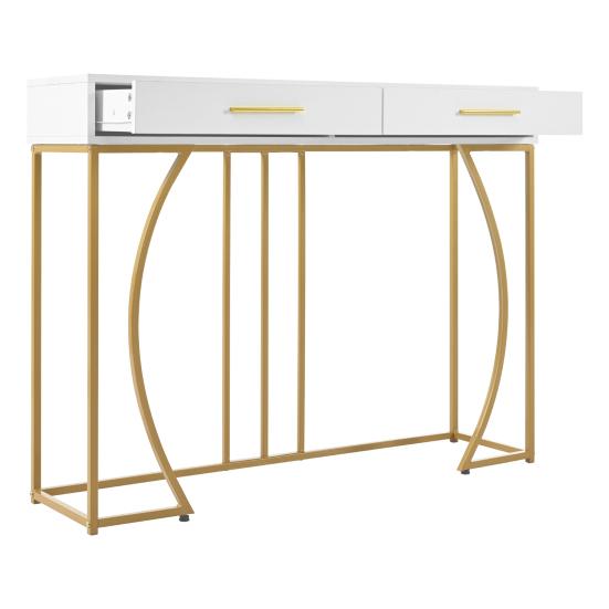 Console Table with 2 Drawers Light Luxury Modern Metal Golden Frame Living Room Farmhouse Long Hallway Table Behind Sofa Narrow Entryway Table