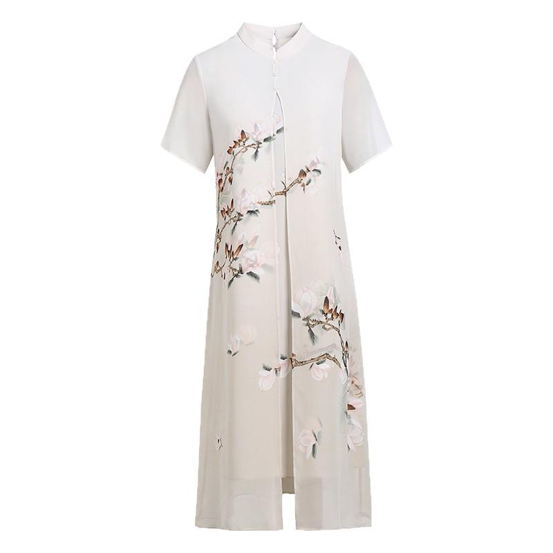 Chinesischer Stil Chiffon Qipao Kleid: Sommer-Zweiteiler-Look für Frauen mittleren Alters & ältere Frauen