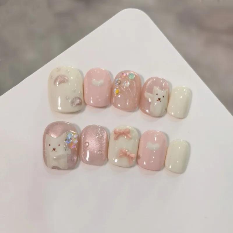 10Pcs Hamdmade Press on Nails Cat Eye Pink Hand-Painted Bouquet Cat Fake Nail Bean Nails Detachable Wearable Nail for Women