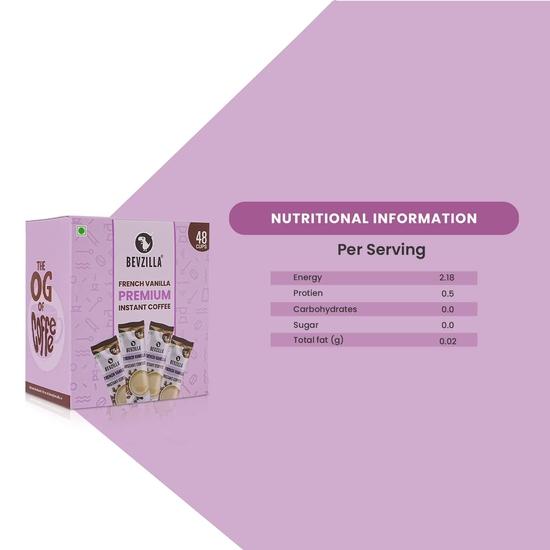 Bevzilla 48 Instant-Kaffeepulver-Beutel (Französische Vanille) - 96 Gramm|Ergibt 48 Tassen|Starker Arabica-Kaffee|Am besten für Espresso, Latte, Cappuccino