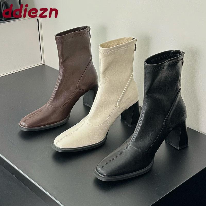 Fashion Female 6CM Heels Footwear Ladies Ankle Modern Boots Square Toe Fashion Zippers Women Stretch Short Boots Pumps Shoes New