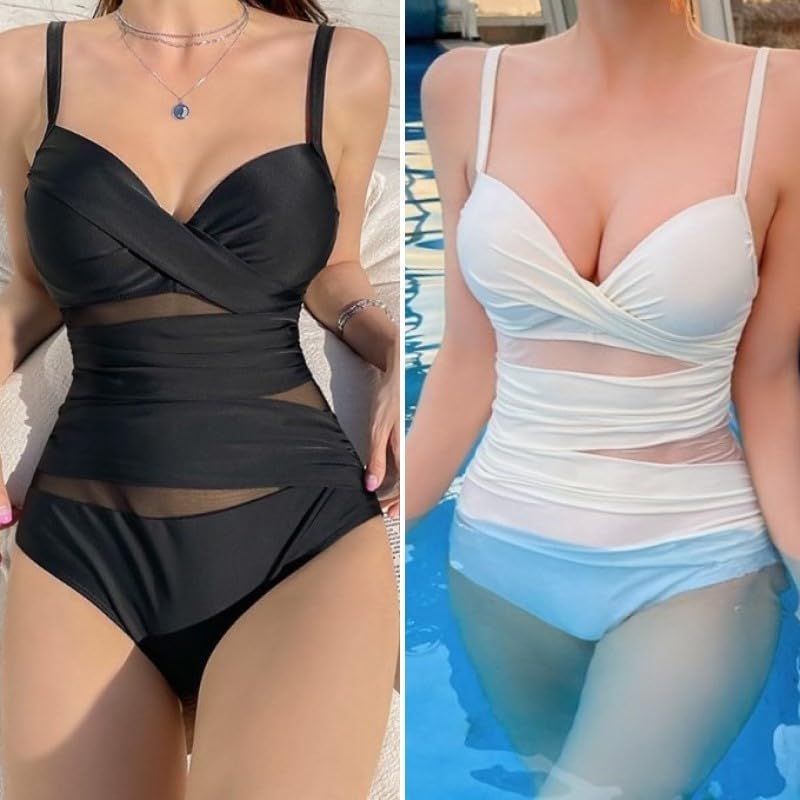 ISLAYCAOLILA EA0 Aina Camisole Sheer Open and Underwire Women's One-Piece Swimsuit, See-Through Swimdress, Back, Padded, (Size M, White)