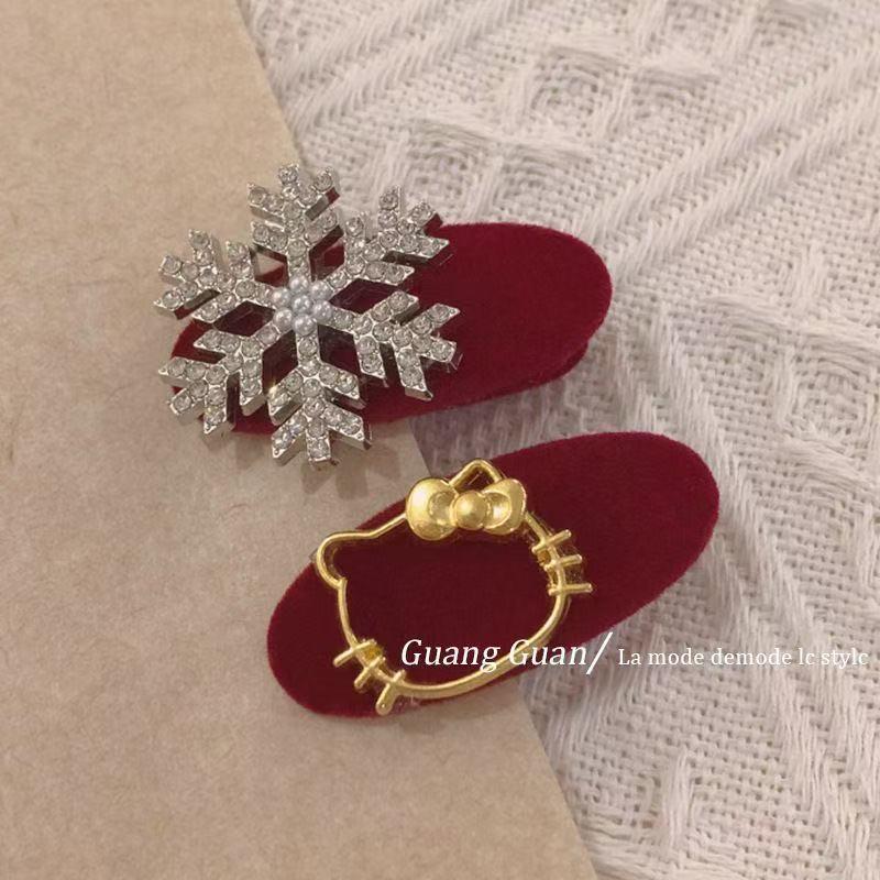 Red Plush Christmas Snowflake Cat Hair Clip for Women - Sweet & Versatile Style