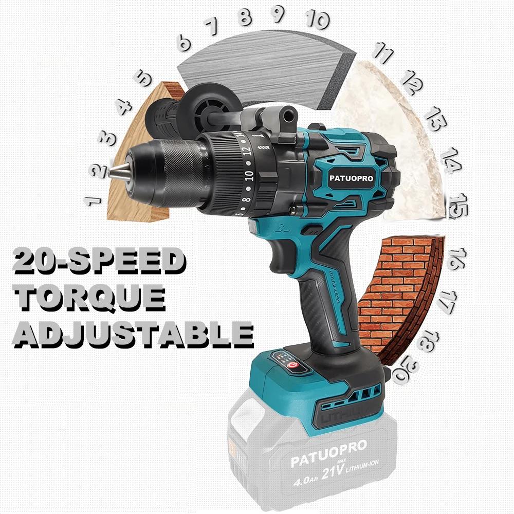 PATUOPRO 13mm Brushless Electric Drill 220Nm Cordless Screwdriver 3-Function Ice Drill Power Tool For Makita 18V Battery