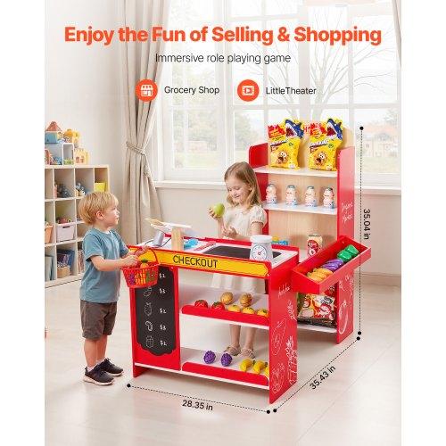 VEVOR Kids Grocery Store Playset, Wooden Play Store with Shopping Bag, Kids Supermarket Pretend Play Toy Set with Conveyor Belt, Scanner