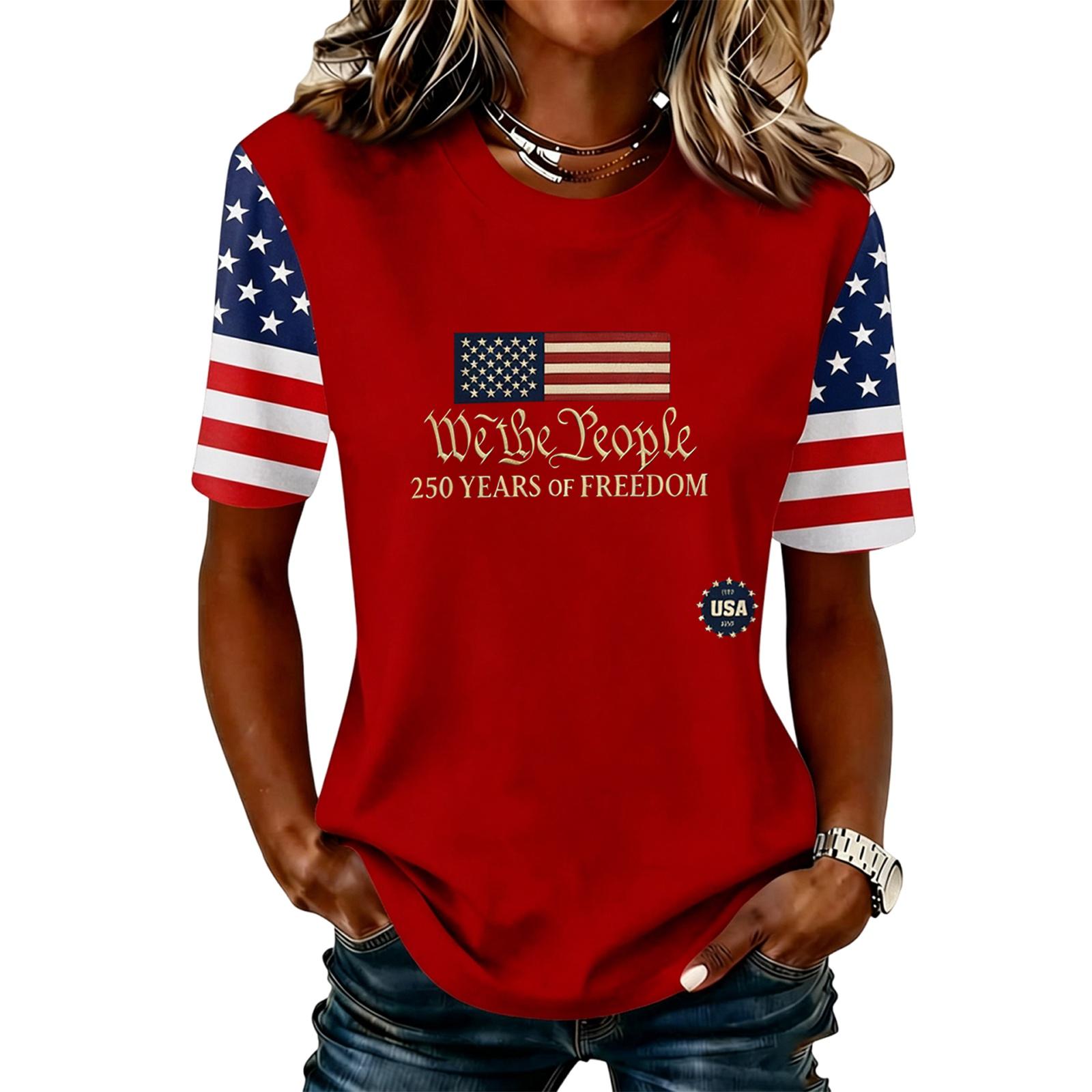 

Womens Casual Short Sleeve Printed T Shirt Crew Neck Loose Fit Top with Letter and Flag Graphic for Everyday Wear M червоний