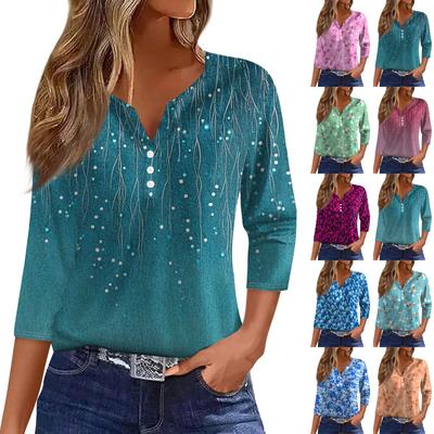 Women's T Shirt Tee Print Button 3/4 Sleeve Tunic Daily Weekend Fashion Basic V- Neck Regular Top