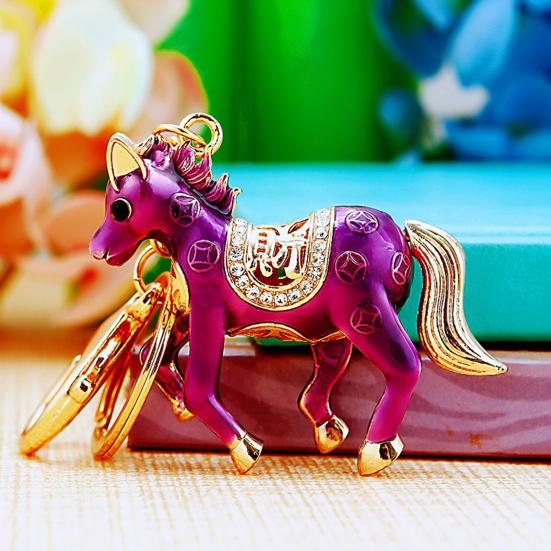 Keychain Pendant Double-Sided Rhinestone Chinese Zodiac Fortune-Attracting Horse Key Chain Metal Handbag Charm