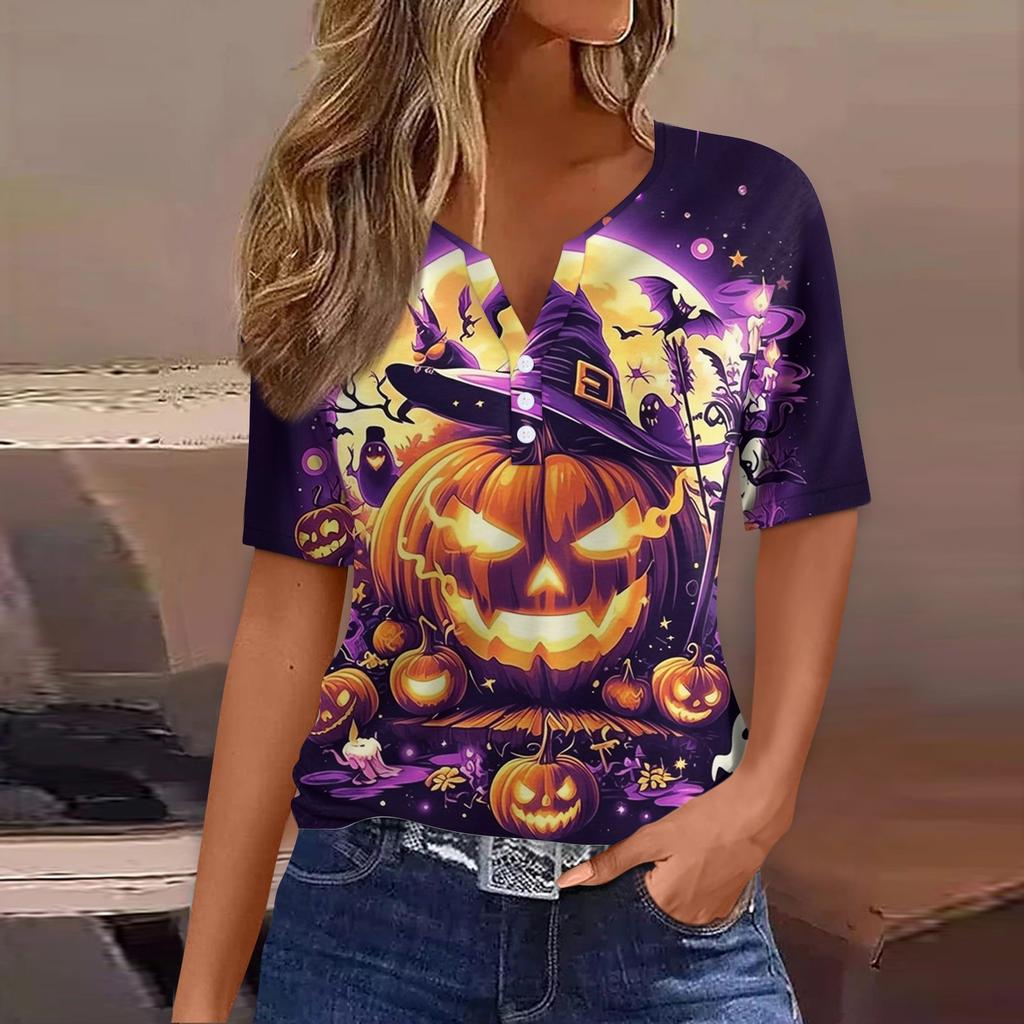 Women's T Shirt Tee Halloween Printed Button Short Sleeve Tunic Daily Weekend Fashion Basic V- Neck Regular Top