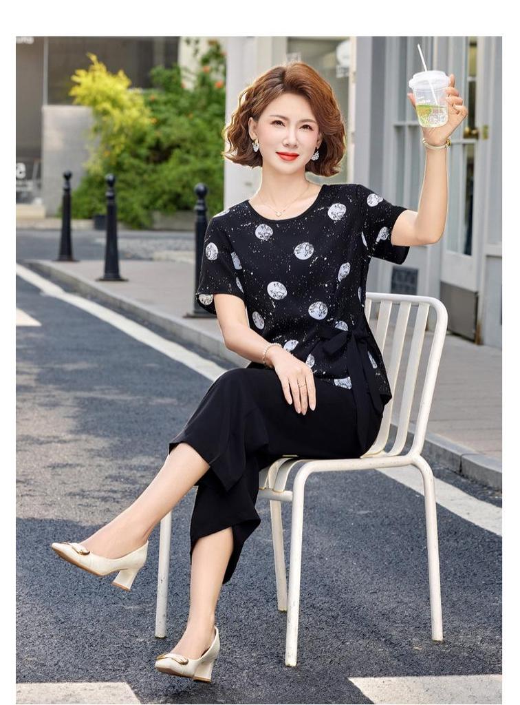 2026 Summer Polka Dot Short Sleeve Two-Piece Set for Middle-Aged and Elderly Women