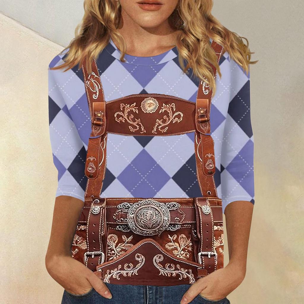 Women's Fashion Casual Three Quarter Sleeve Oktoberfest Print Round Neck Top Suitable for Seasonal Wear and Daily Casual Outfits