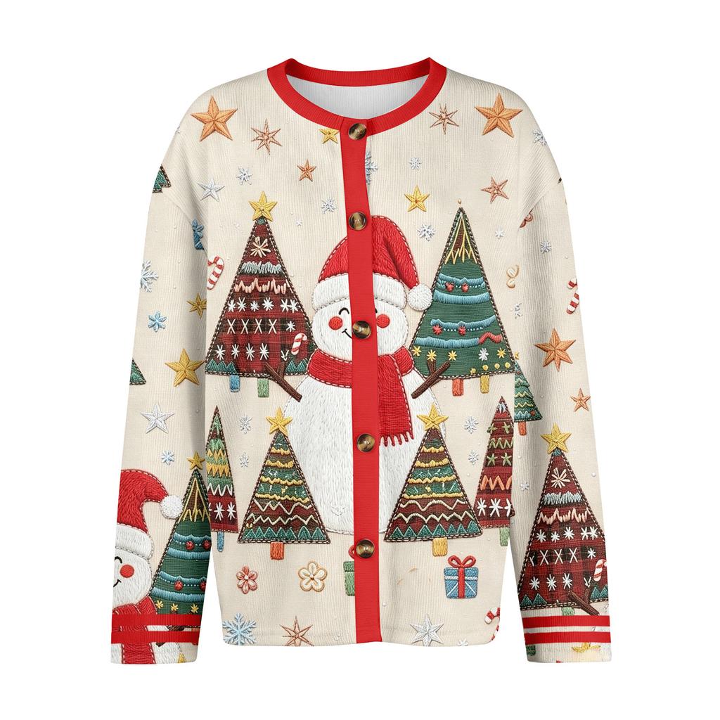 Women's Christmas Print Cardigan Long Sleeve Open Front Jacket for Holiday Party and Everyday Wear