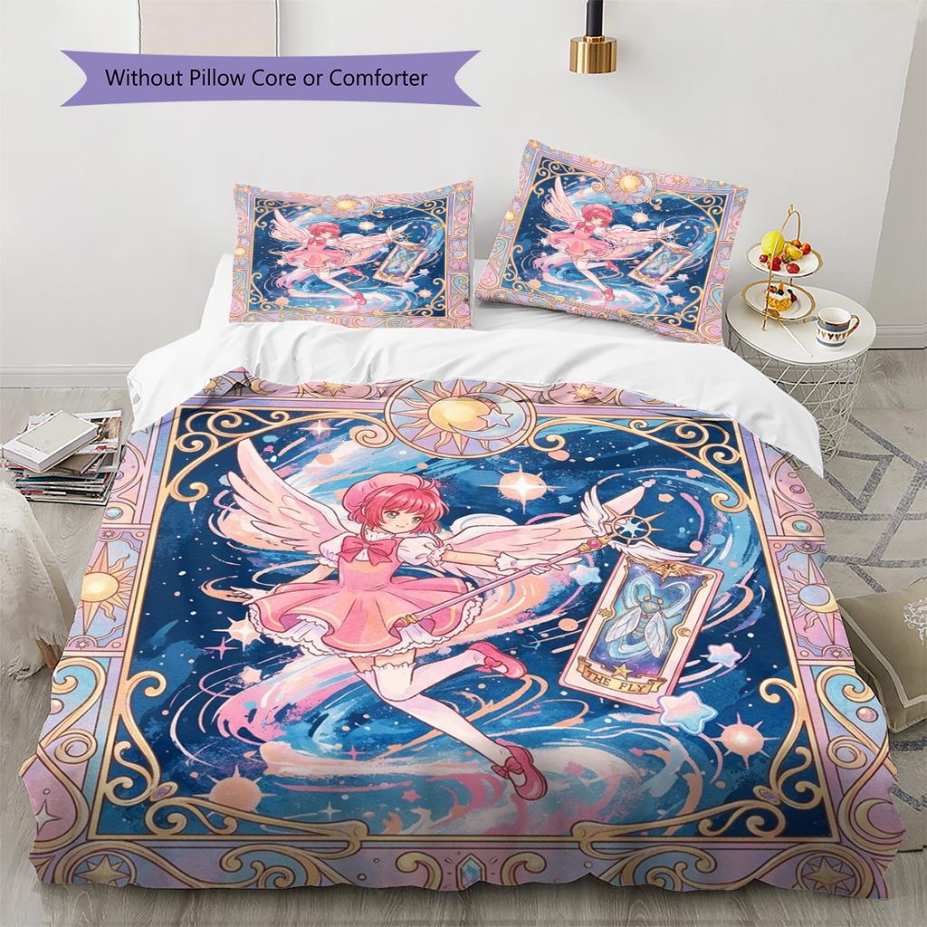 Cardcaptor Sakura Pattern Bedding Quilt Set Quilt Cover Pillowcase Home Decoration Birthday Gift (1 * Duvet Cover + 2 * Pillowcase, Without Core)