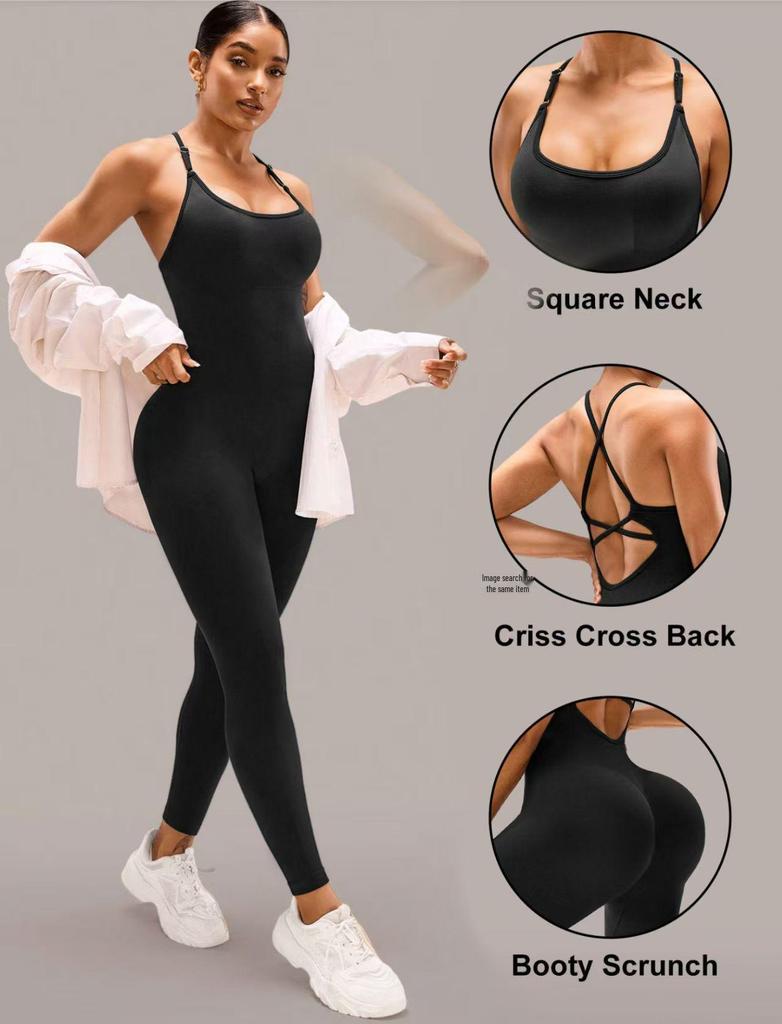 Women's Seamless Cross-Back Jumpsuit with Adjustable Straps for Fitness and Dance