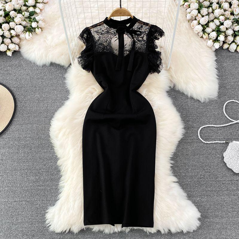 

2024 Summer Fancy Accessible Luxury round Neck Lace Patchwork Sheer Cutout High Waist Slimming Slit A- line Dress Black S