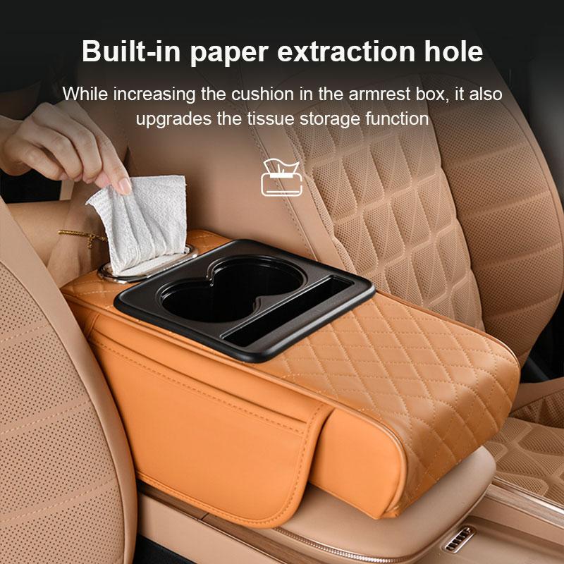 SEAMETAL 3 IN 1 Car Armrest Cushion Memory Foam Height Pad PU Leather Tissue Box with 2 Cup Holder