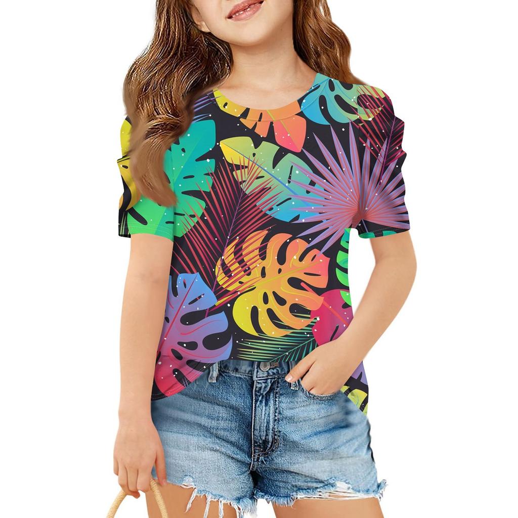 Summer Girls' Short-Sleeved Top, Children's Round-Neck Hawaiian Casual T-Shirt