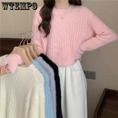 Y2K Cropped Sweater Rosa Peludo Sólido Coreano Moda Pulôver Malha Suéter Outono Inverno Manga Longa Harajuku Jumper Sweater
