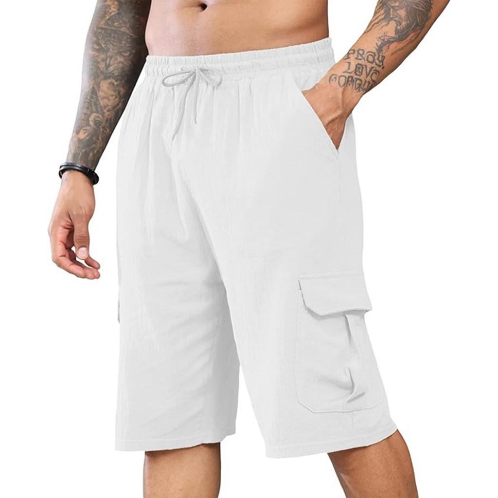 Men's Linen Short Pants With Multiple Pockets And Drawstring Waistband - Beach Work Pants