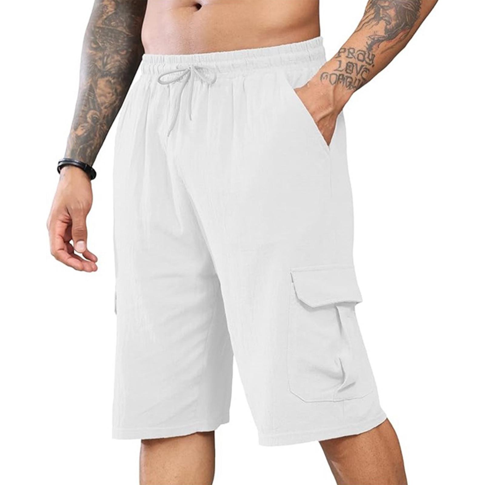 

Men s Linen Short Pants With Multiple Pockets And Drawstring Waistband - Beach Work Pants XL белый