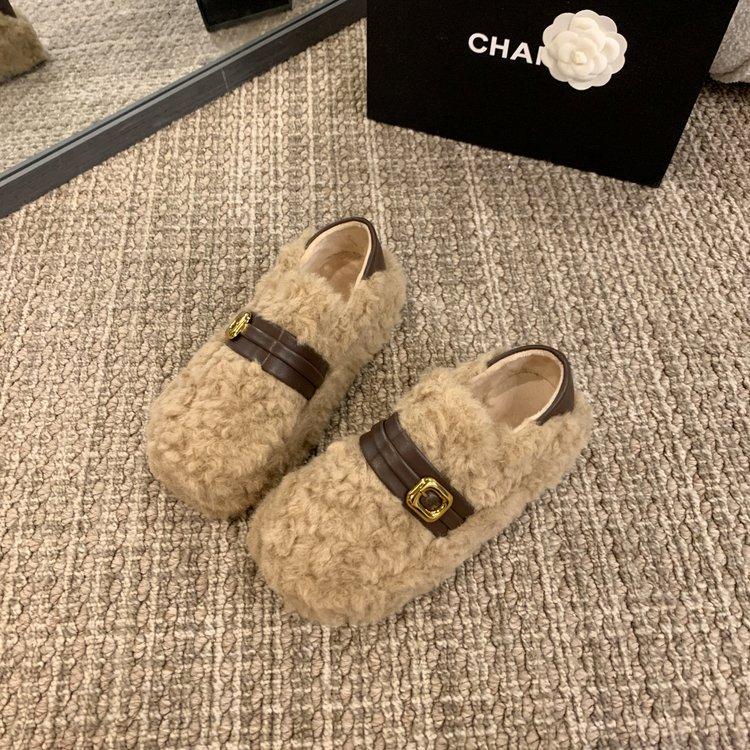Two Women Wearing Fluffy Shoes 2025 New Autumn and Winter Thick-soled Heightening Belt Buckle Piled Thickened One Pedal Cotton Shoes Women