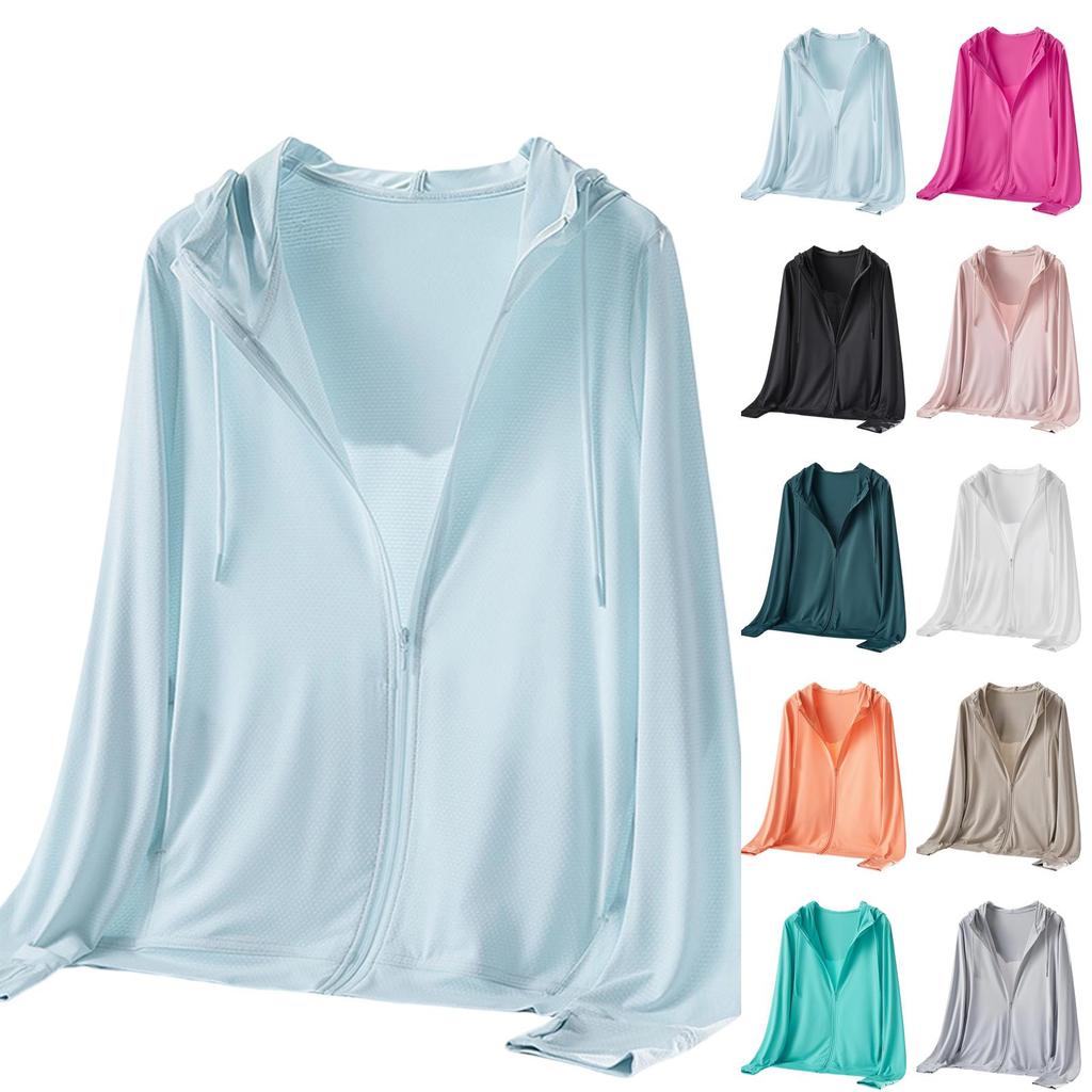 Lightweight Full Zip Hooded Jacket with Long Sleeves Breathable Fabric Casual Loose Fit Sun Outerwear