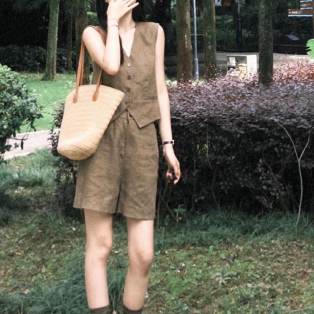 Old money fashion set, women s summer vintage high-end sleeveless suit, vest shorts, casual commuting two-piece set S