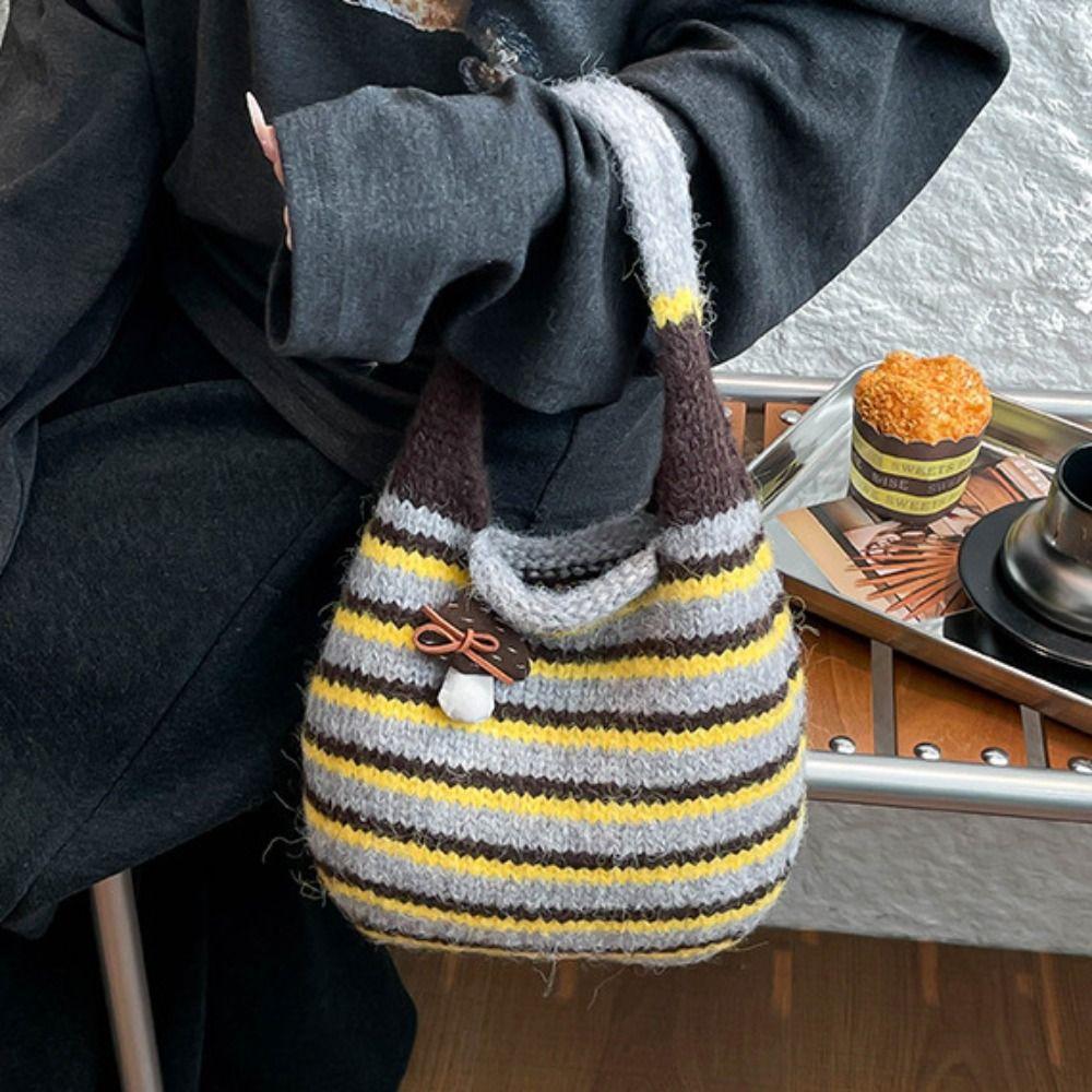Color-Block Knitted Wrist Bag Japanese Style Wool Bucket Bag Little Mushroom Handbag  Shopping Bag
