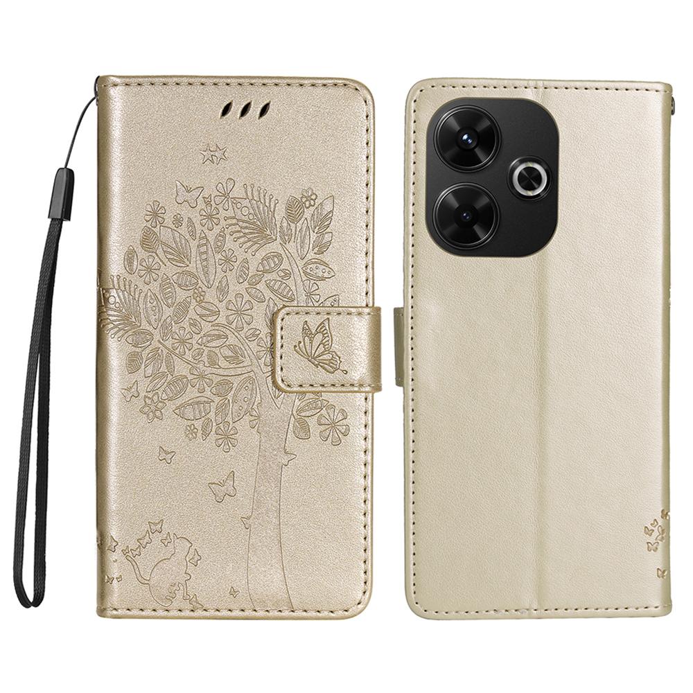 

For Xiaomi Redmi 13 5G/13 4G Phone Case with Stand Cat Tree Pattern Leather Wallet Mobile Cover Gold