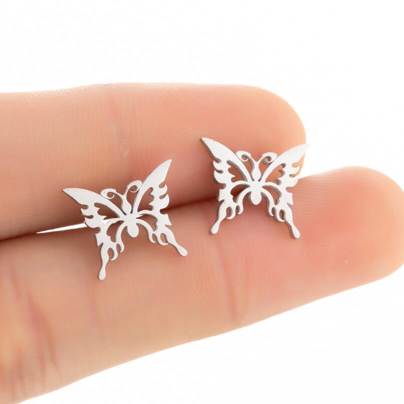 Korean-Style Butterfly Hollow Stud Earrings - Stainless Steel Insect Ear Bone Studs