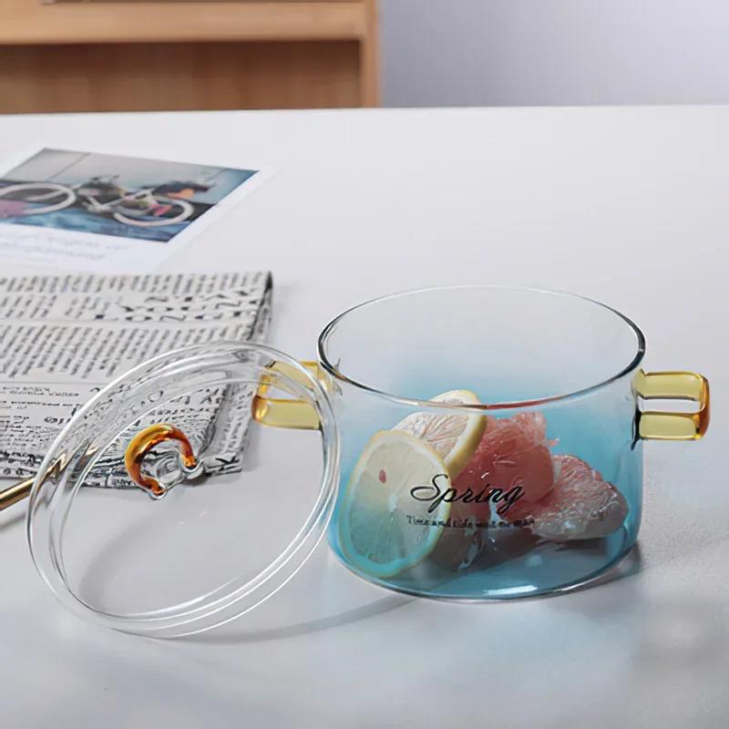Glass Large Stew Bowl Soup Pot Dinnerware Cup 1.4L Blue Noodles Bird's Transparent Cover Nest Home Kitchen Supplies TNTL7Q