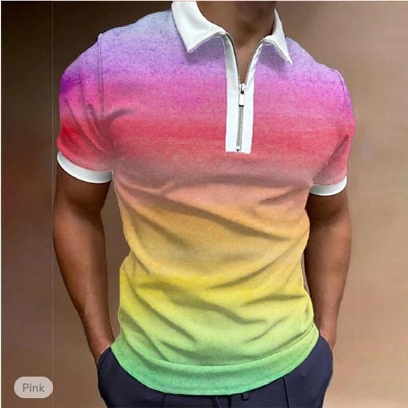 Lässiges Revers-T-Shirt Herrenmode Reißverschluss-T-Shirt Kurzarm-T-Shirt Herren 3D-Farbspleiß-Print-T-Shirt