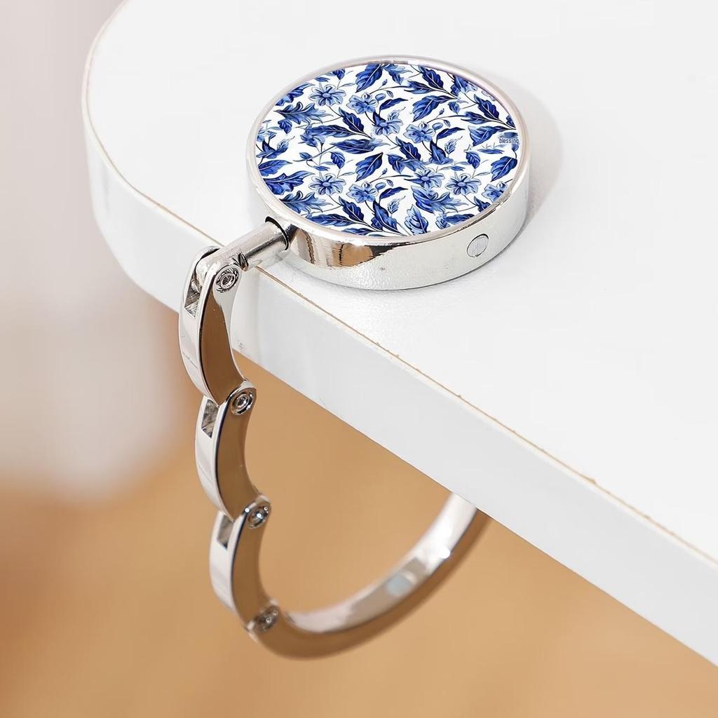 Elegant Blue & White Porcelain Portable Metal Folding Desk Hook for Women's Bag