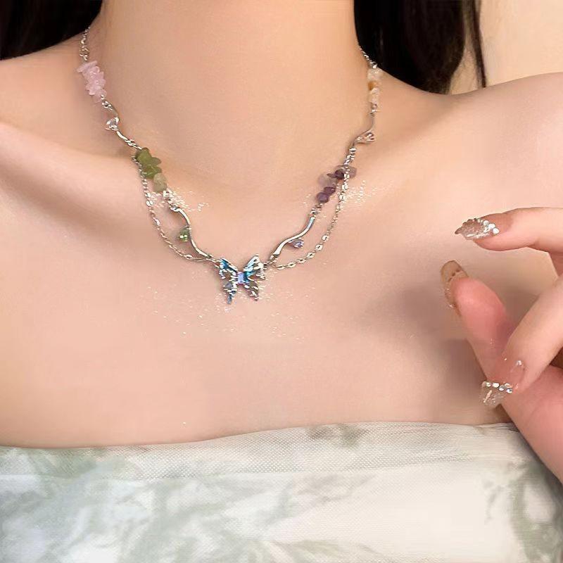 Summer Fresh Mori Gravel Crystal Fringed Butterfly Collarbone Chain Female Sweet Cool Hot Girl Style Necklace Personality Versatile Match