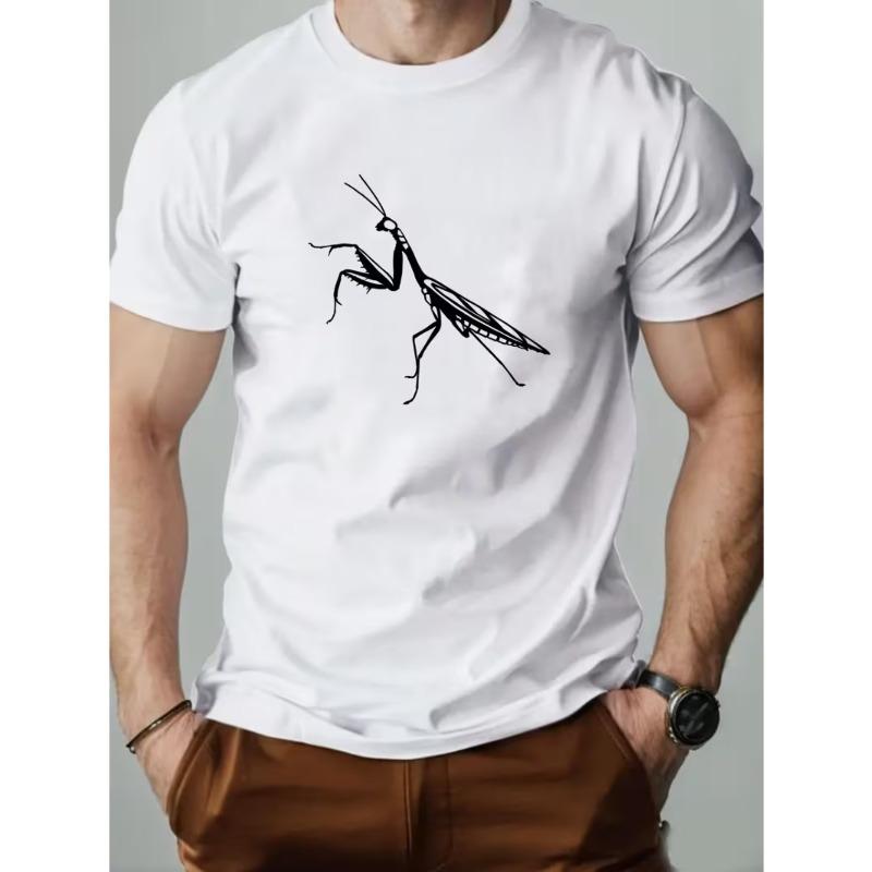 European Size Men'S Summer Casual T-Shirt with Praying Mantis Print | Crew Neck, Slight Stretch Fabric, Perfect for Beach, Weekend, Sports, Running