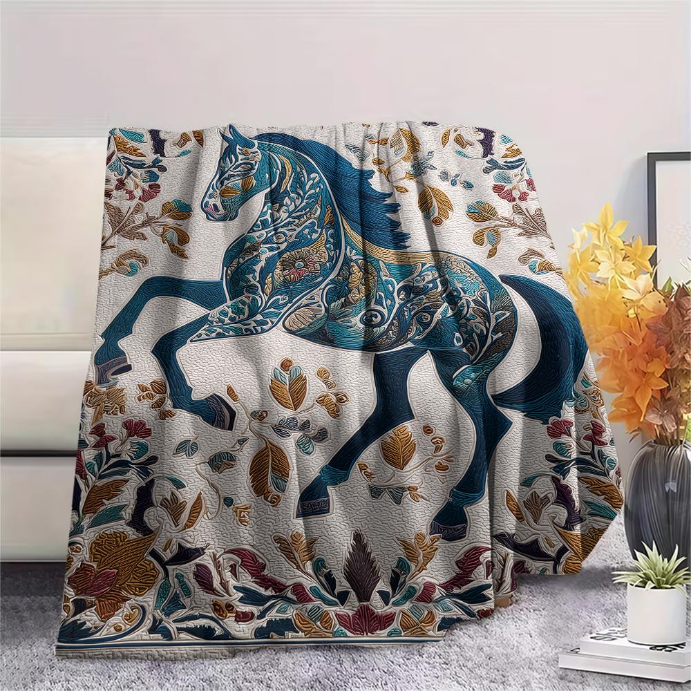 Blumenpferd-Print Flanelldecke, Hohe Qualität, Bequem für alle Jahreszeiten, Heimdekoration, Wärme und Komfort, Perfekt für Weihnachtsgeschenke