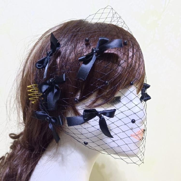 Black Birdcage Veil Fascinator Hairband With Bows Detail Wedding Hair Accessory Retro Theme