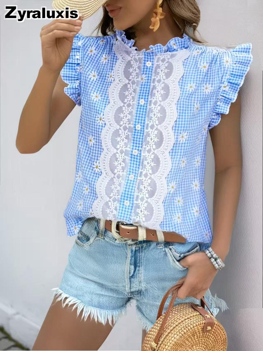 Summer New Striped Lace Patchwork Shirt Women s Ruffled Sleeve Cardigan Blouse S
