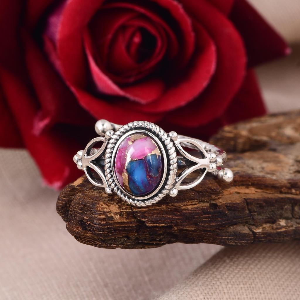 Mojave Purple Oyster Turquoise Ring, Oval Gemstone, Adjustable Boho Ring, Stackable Sterling Silver Ring, Gift For Her