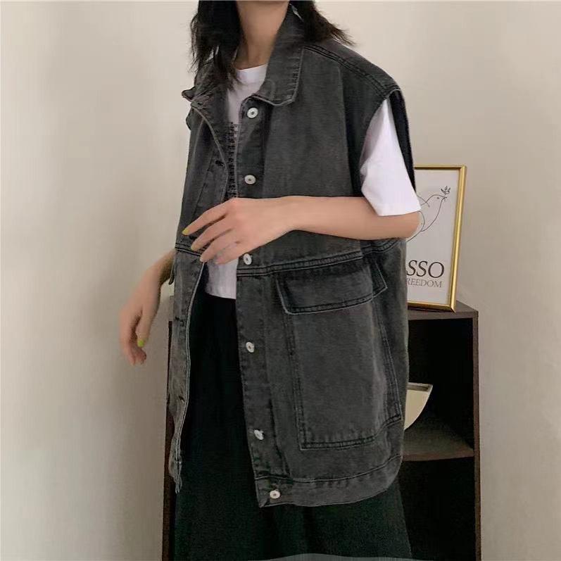 Dámské topy retro džínové vesty: Nový korejský styl, univerzální bundy bez rukávů na jaro a podzim