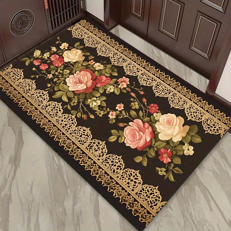 Elegant Black Floral Rug with Rose Design for Living Room Decor Home Furnishing, Area Rugs Luxury Interior Skid Resistant Carpet