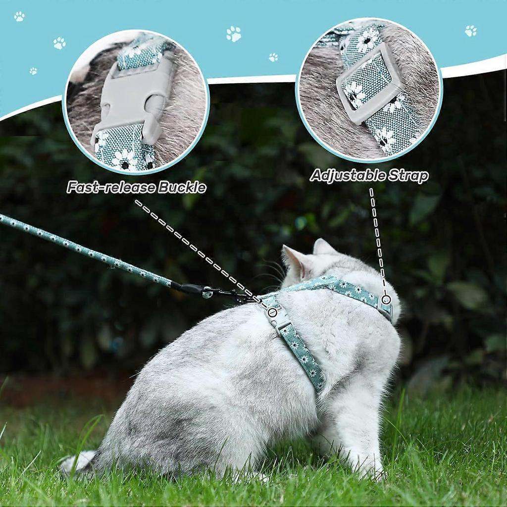 Cat Harness with Lead, Adjustable Harness Lead Set for Cat Kitten Small Pet Outdoor Walking with Quick Buckle, Floral DesignGreenM)