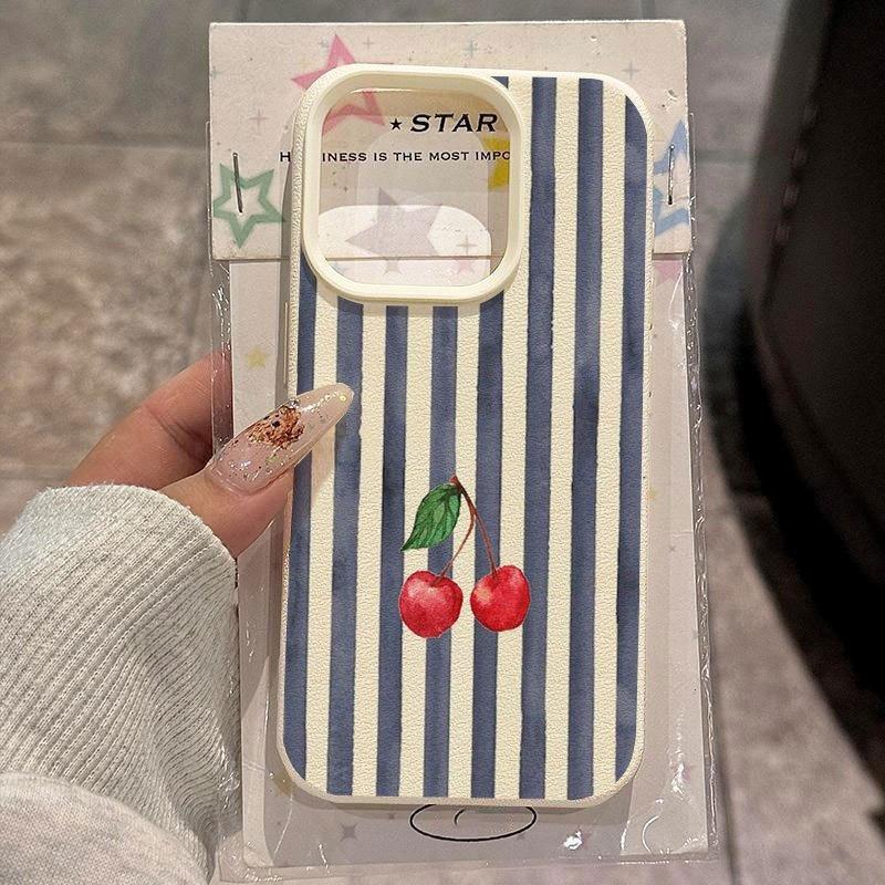 Мягкий чехол для телефона в сине-белую полоску с вишнями для iPhone 16 15 14 Plus 17 13 12 11 Pro Max 16E 17Air X XR XS Max Защитный чехол iPhone 14 Pro Max