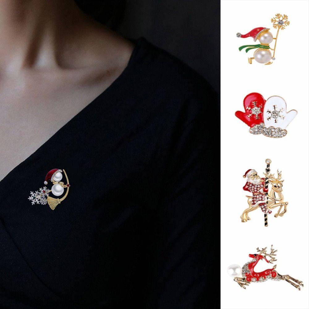 Pearl Christmas Snowman Brooch Santa Claus Sweater Scarf Badge Cute Red Xmas Brooch  New Year Gift