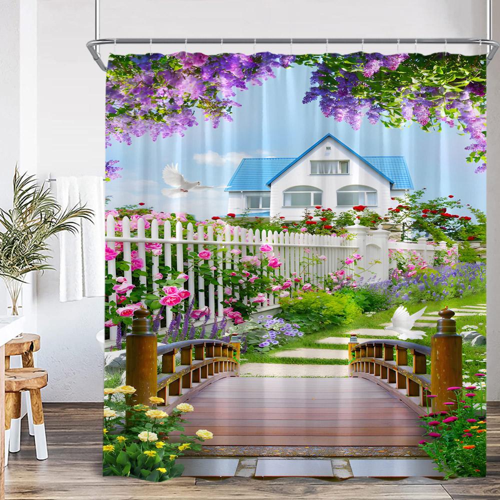 Garden Shower Curtain Arch Door Fence Vines Flowers European Garden Bathroom Decorations Landscape Bath Curtain With Hooks