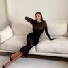 Women's Fashion Sexy Round Neck Long Sleeve Net Gauze Perspective Slimming Dress