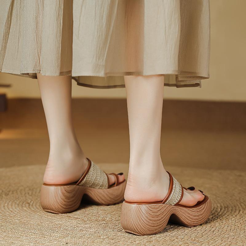 French holiday style platform slippers women's shoes retro straw sleeve toe with sandals muffin sole high heel Roman shoes