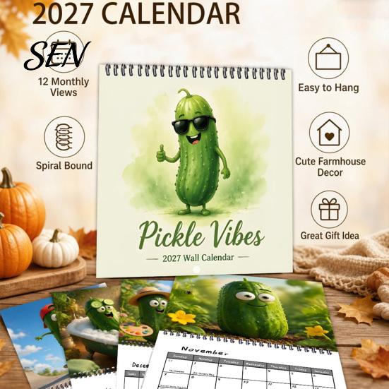 Creative Wall Art Planner Pickle Calendar 2027, Funny Pickled Cucumber Illustrations 12 Spiral Bound Monthly Month Planner, Hanging for Home,