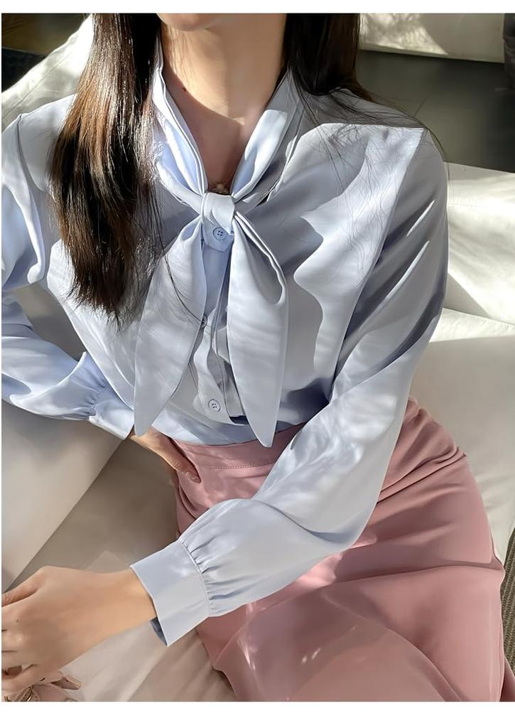 Bow Tie Long Office [JINJUDUO] Women's Blouse, Sleeve, Ribbon, Gathered, Satin, Figure-Flattering, Slimming, Cute, Stylish, Casual, OL, Commuting,