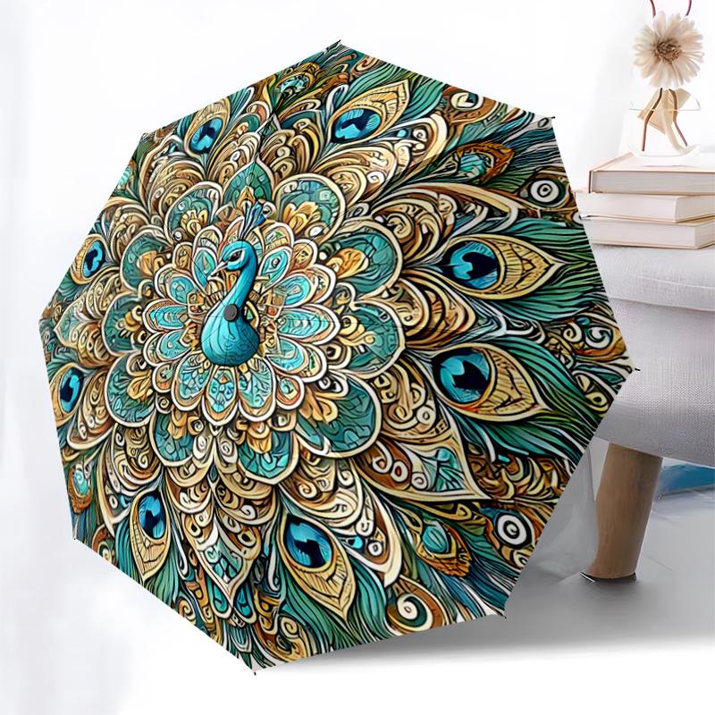 Peacock Feather Mandala Automatic Opening Folding Umbrella - 8 Bone Iron Frame, Suitable for Fans, Travel, Daily Use, Gift for Outdoor Enthu